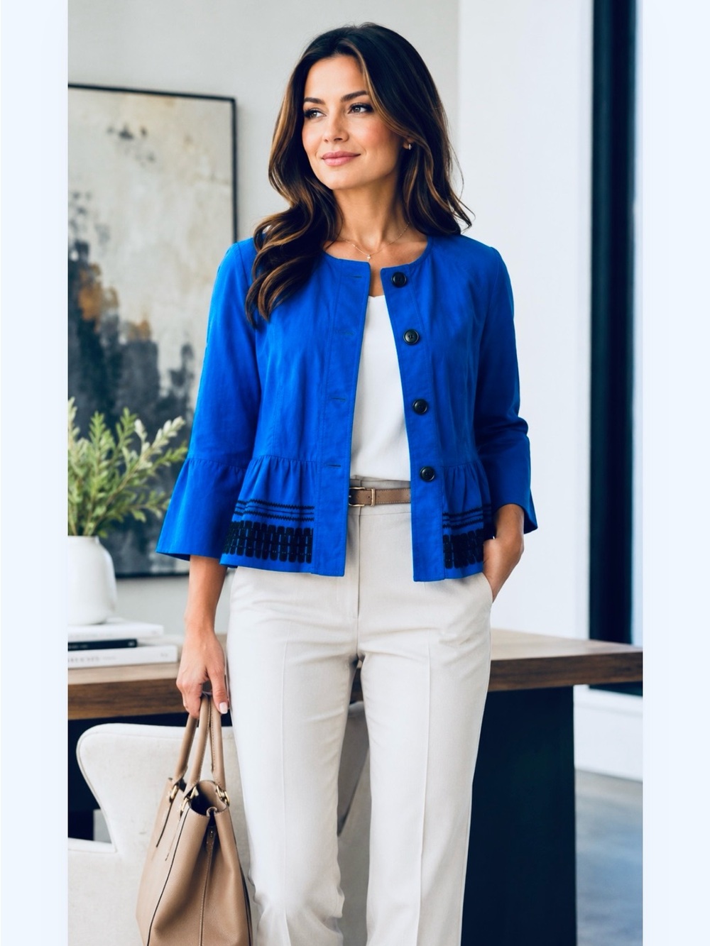 Ann Taylor Cobalt Blue Embroidered Button-Front Peplum Jacket. Size M